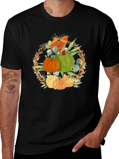 Camiseta Negra con Diseño de Calabazas Otoñales