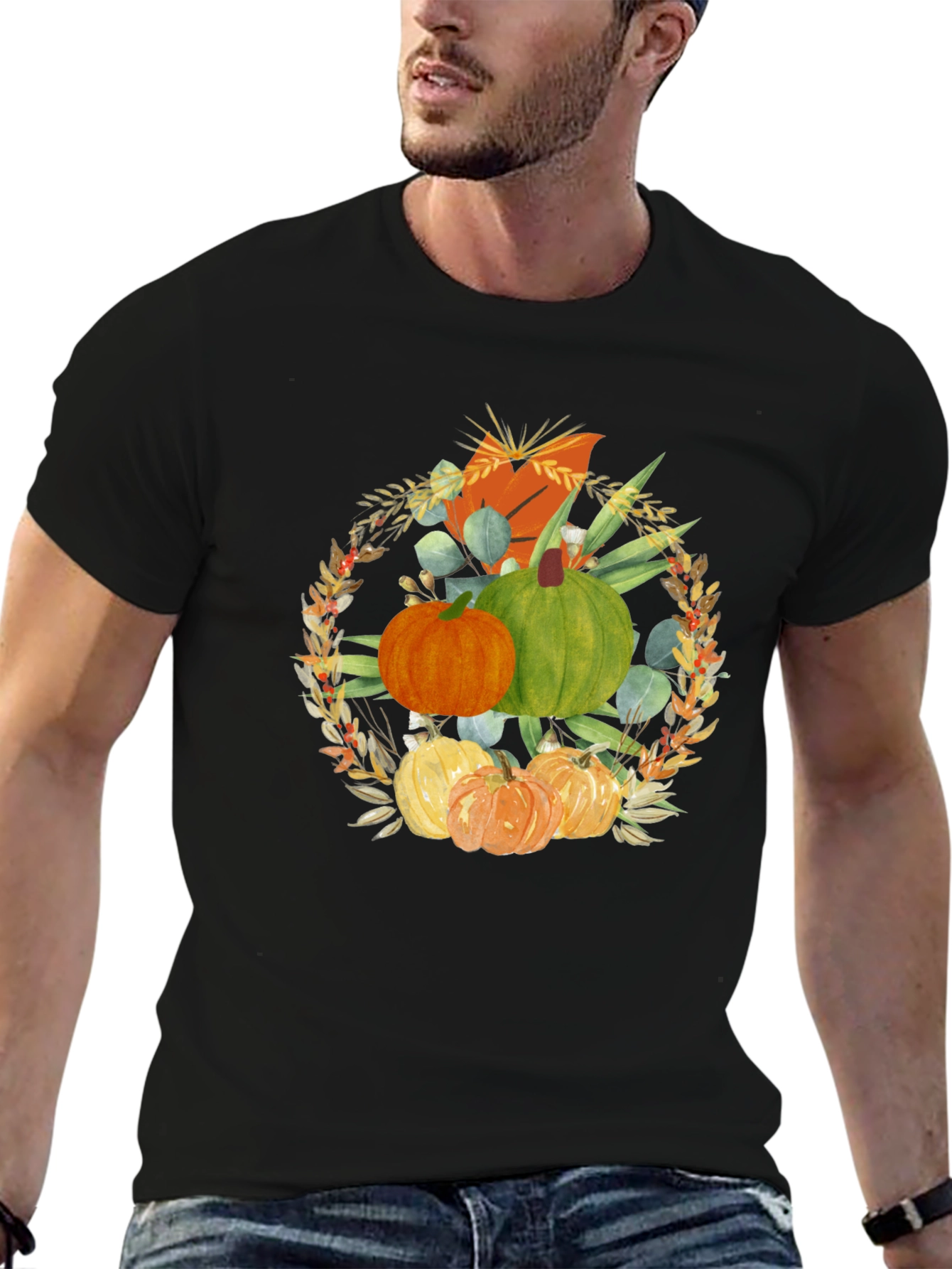 Camiseta Negra con Diseño de Calabazas Otoñales