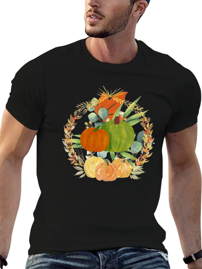 Camiseta Negra con Diseño de Calabazas Otoñales