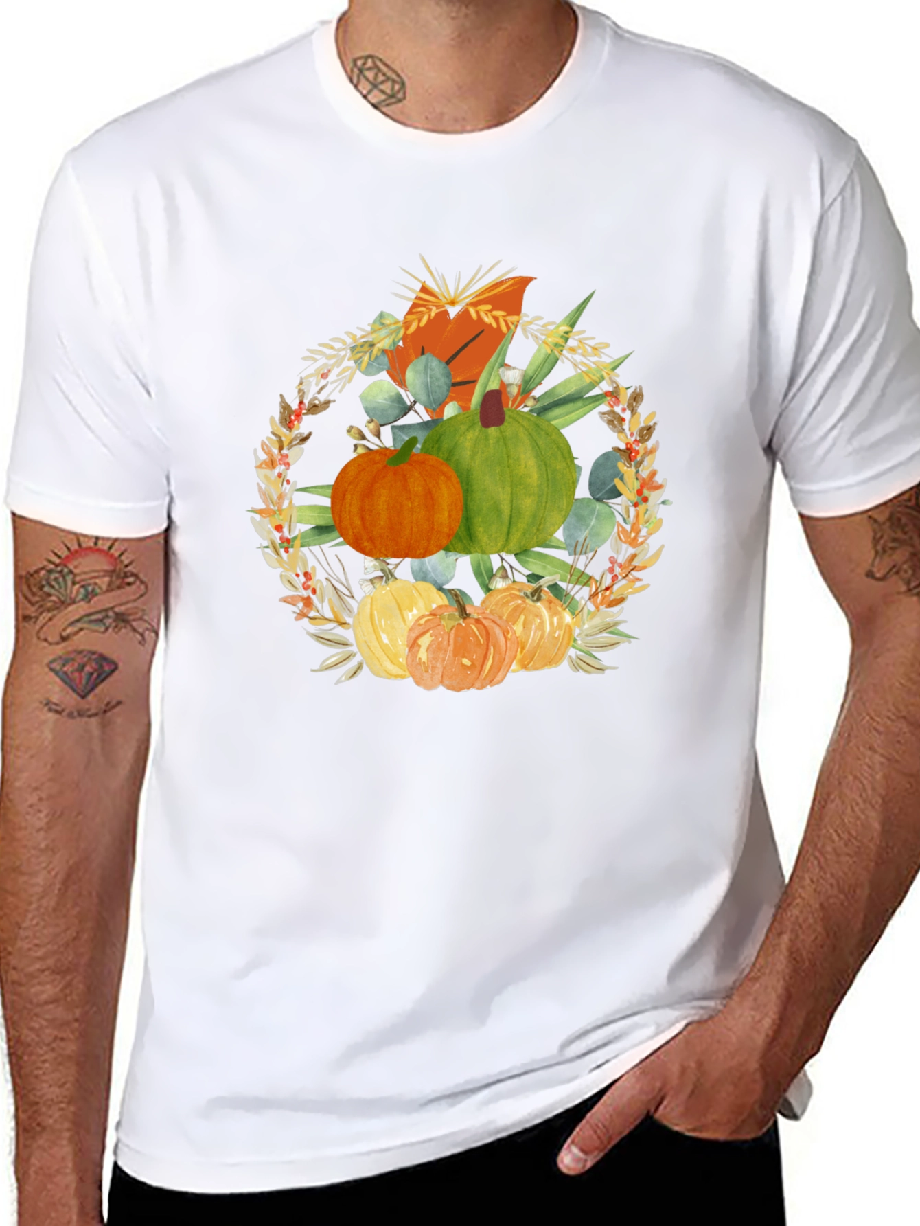 Camiseta Negra con Diseño de Calabazas Otoñales
