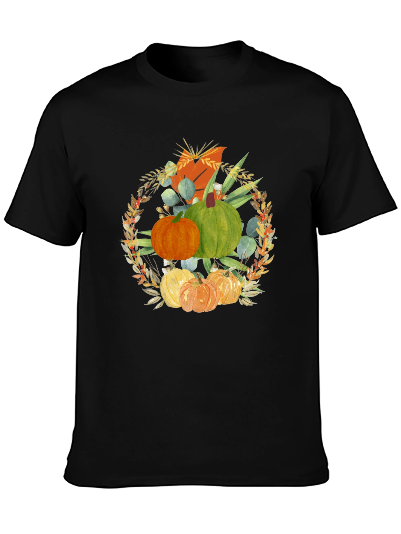 Camiseta Negra con Diseño de Calabazas Otoñales