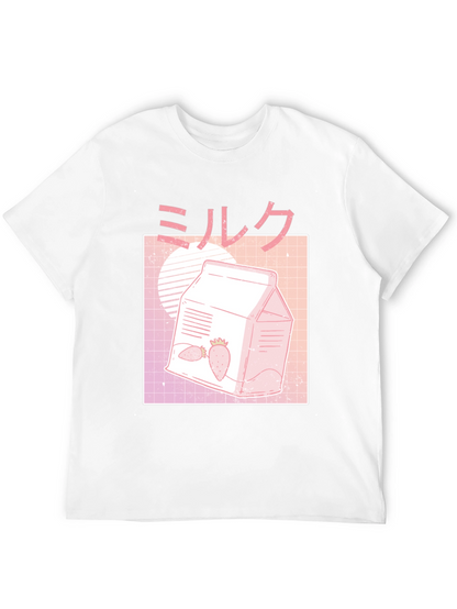 Camiseta Negra con Diseño de Leche de Fresa Estética