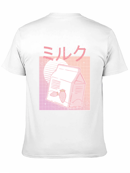 Camiseta Negra con Diseño de Leche de Fresa Estética