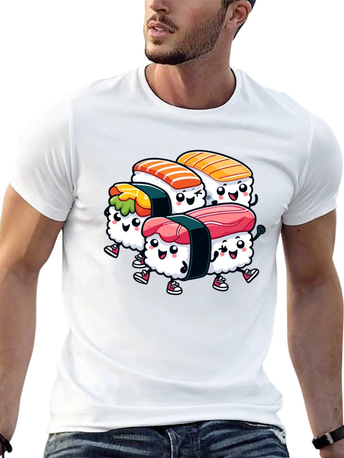 Camiseta Negra con Diseño de Sushi Kawaii