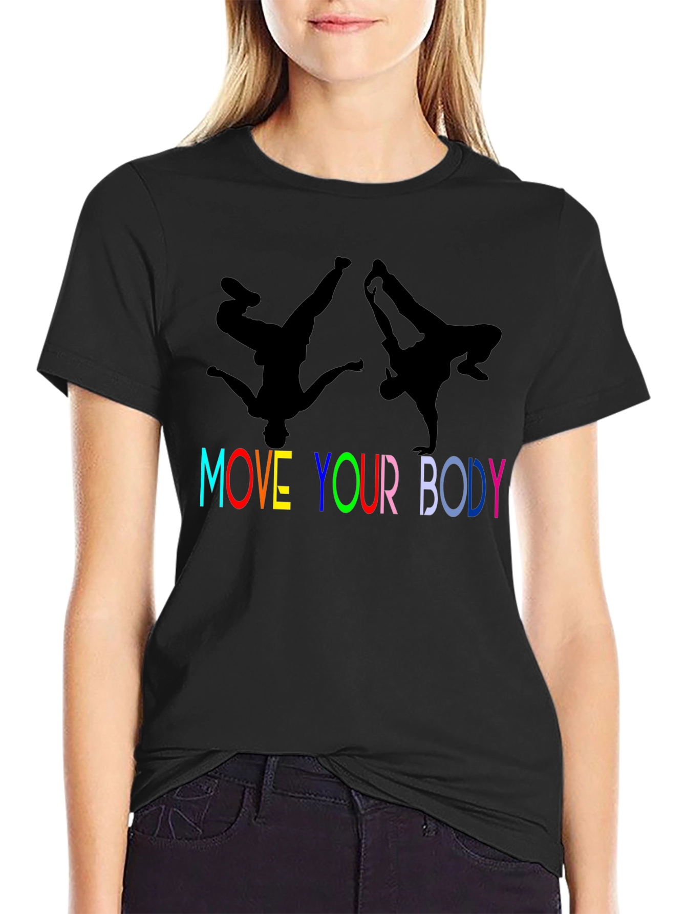 Camiseta Negra Move Your Body con Siluetas de Bailarines