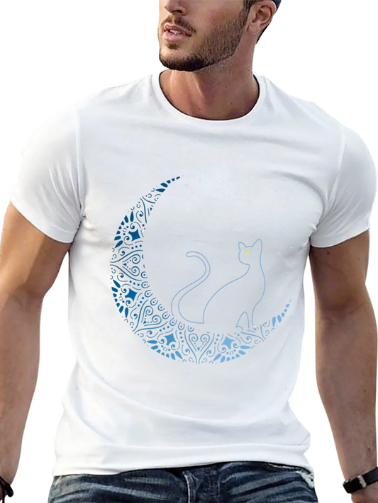 Camiseta Negra con Diseño de Gato y Luna Azul