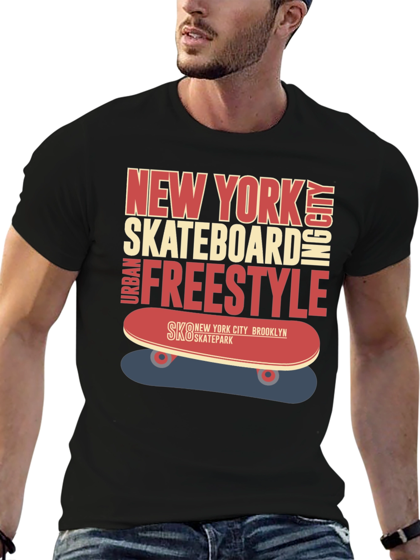 Camiseta Hombre Negra Diseño Skateboard New York