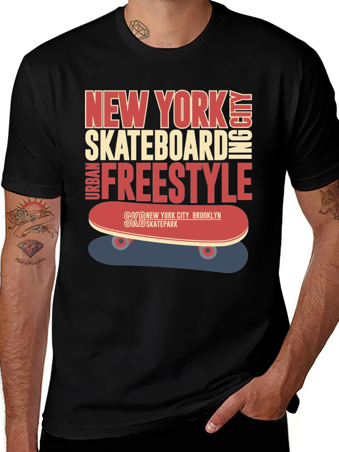 Camiseta Hombre Negra Diseño Skateboard New York