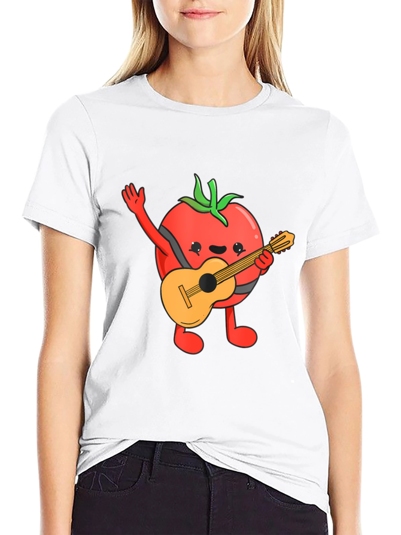 Camiseta Negra con Diseño de Tomate Guitarrista