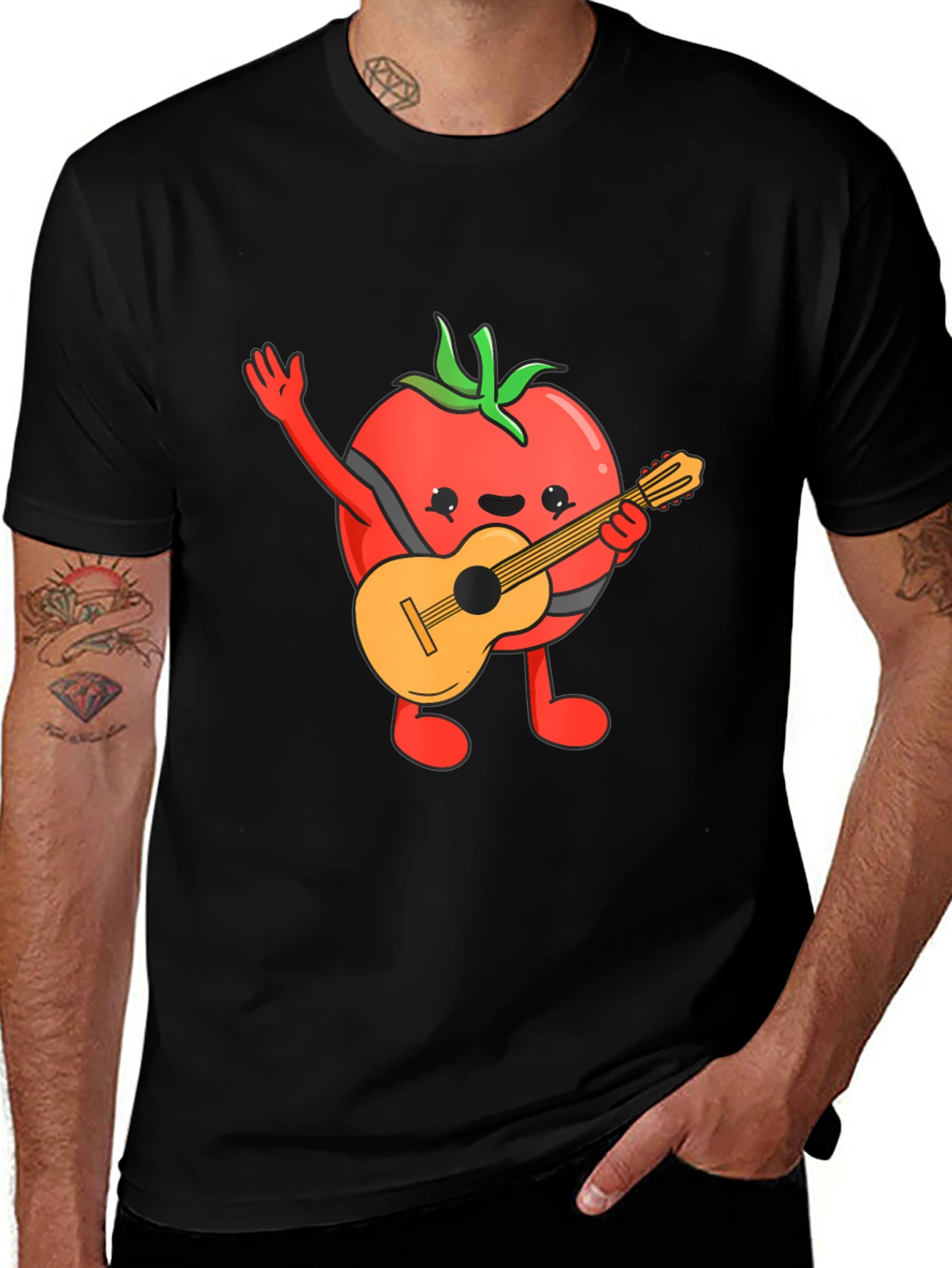 Camiseta Negra con Diseño de Tomate Guitarrista