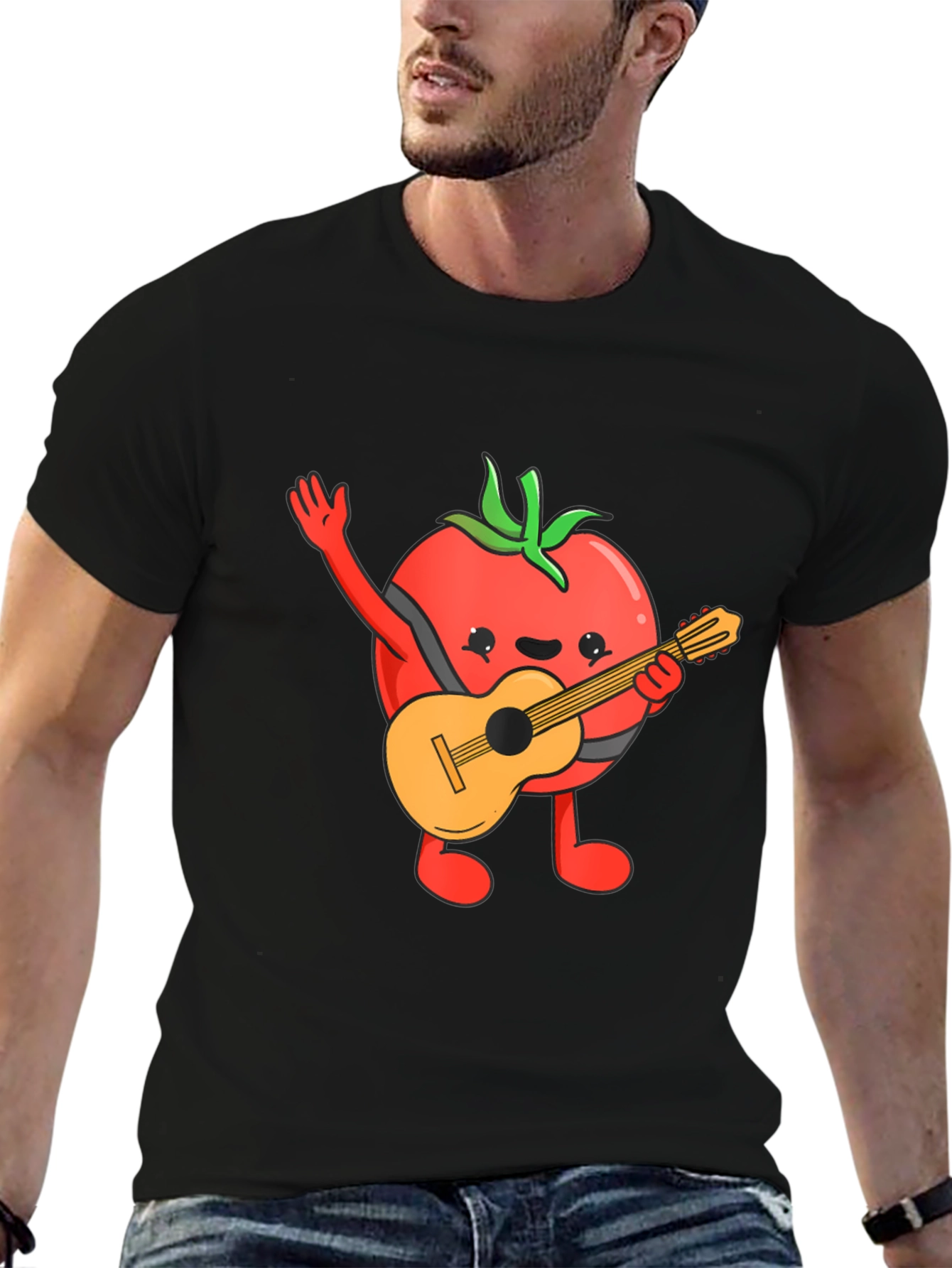 Camiseta Negra con Diseño de Tomate Guitarrista