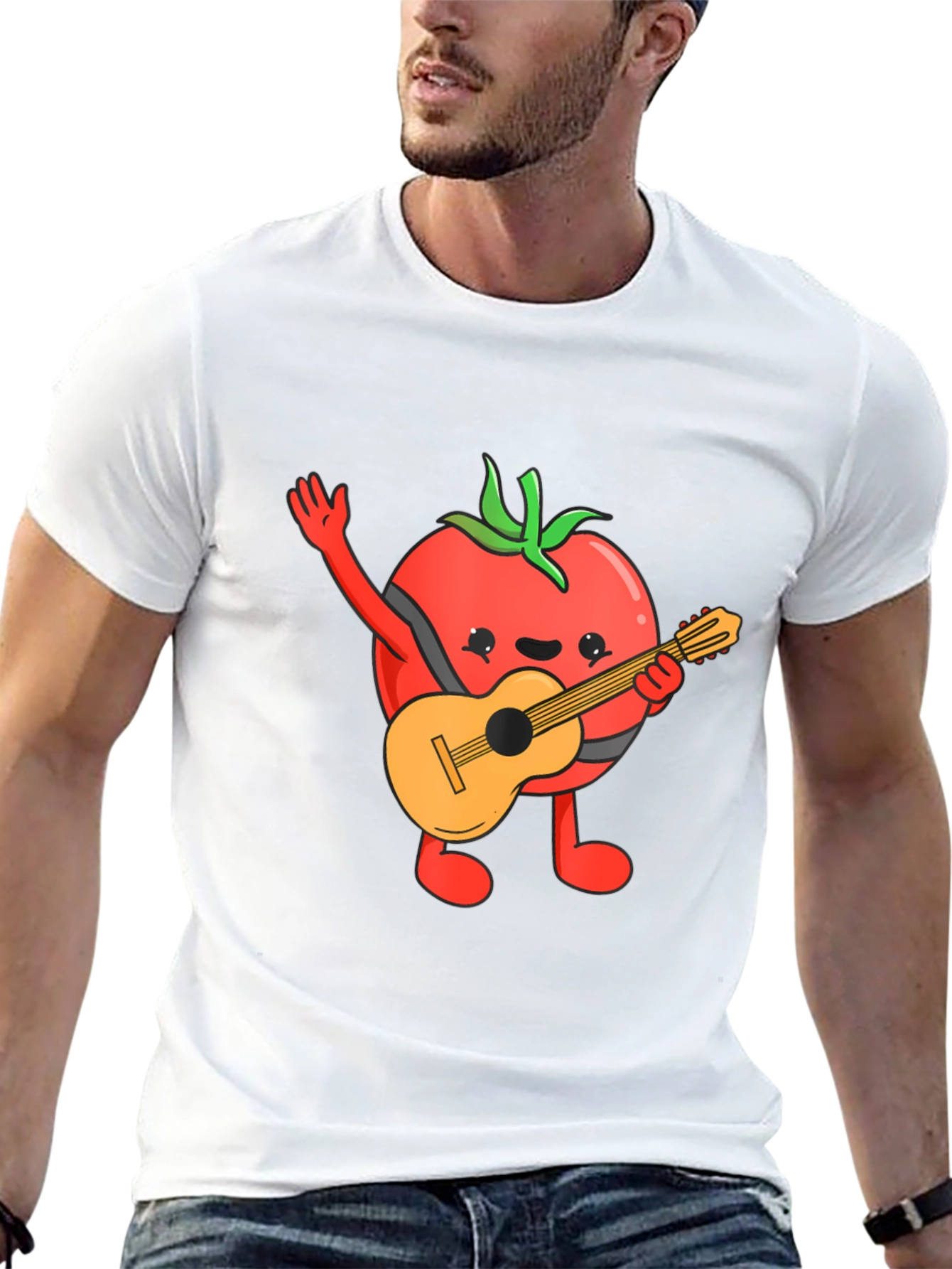 Camiseta Negra con Diseño de Tomate Guitarrista