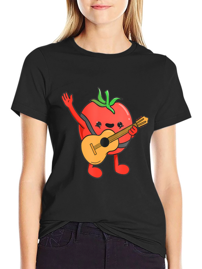 Camiseta Negra con Diseño de Tomate Guitarrista