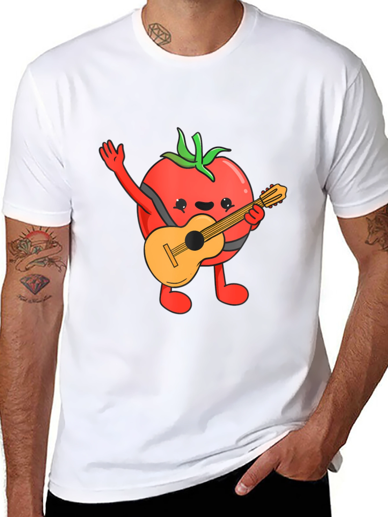 Camiseta Negra con Diseño de Tomate Guitarrista