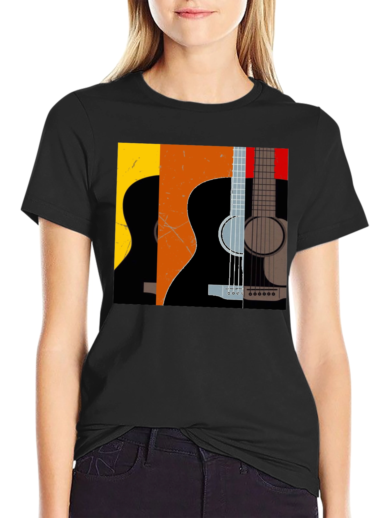 Camiseta Negra con Diseño de Guitarras Abstractas