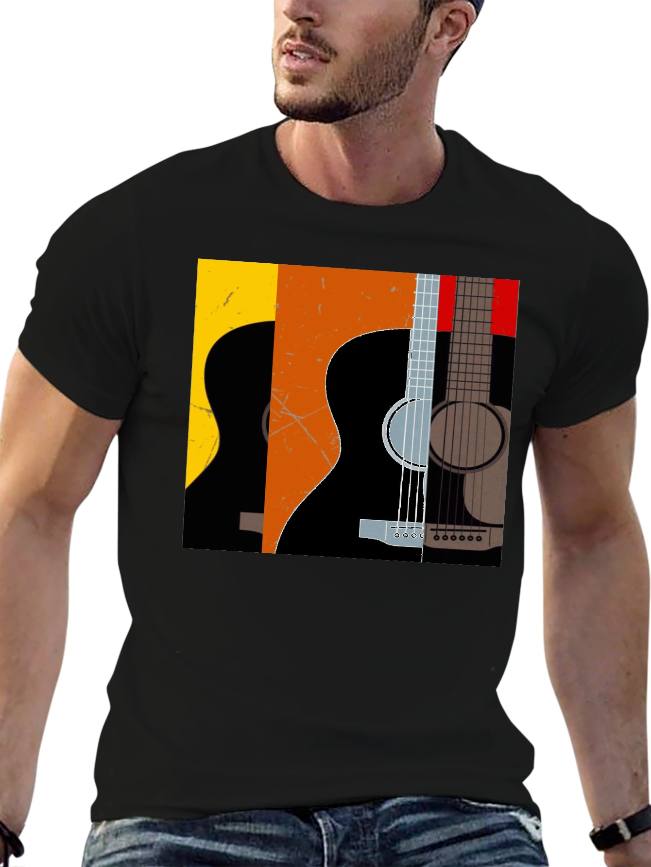 Camiseta Negra con Diseño de Guitarras Abstractas