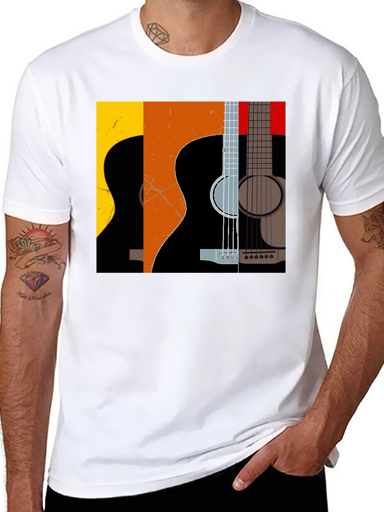 Camiseta Negra con Diseño de Guitarras Abstractas