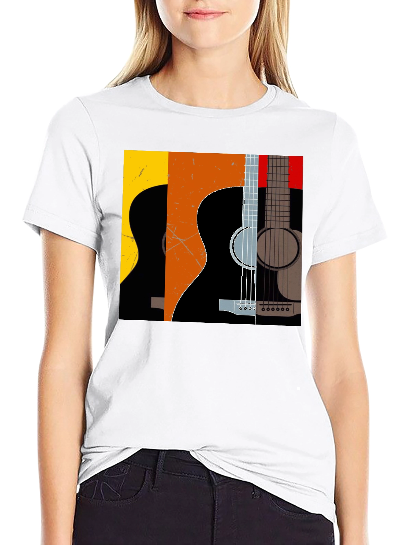 Camiseta Negra con Diseño de Guitarras Abstractas