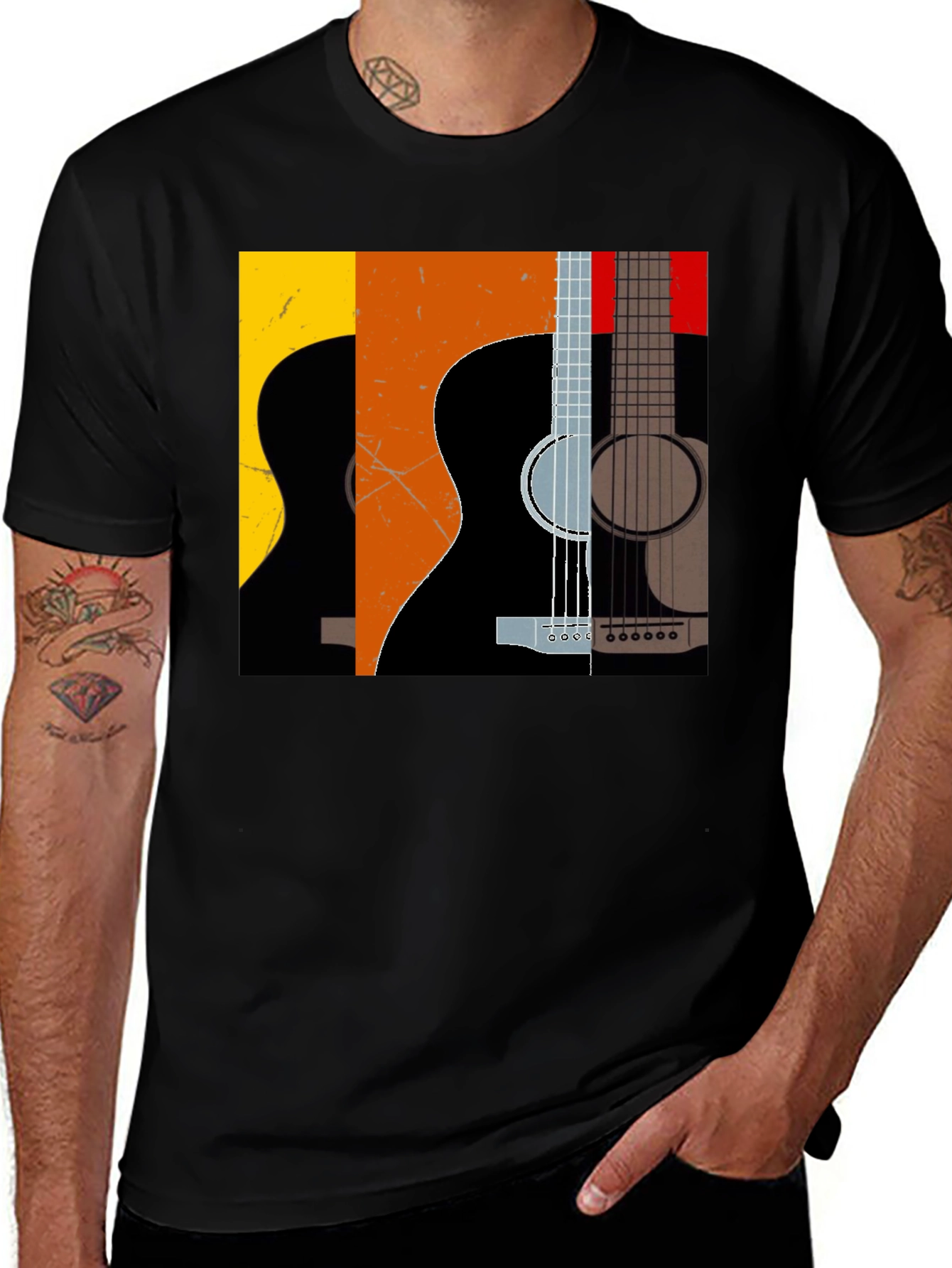 Camiseta Negra con Diseño de Guitarras Abstractas