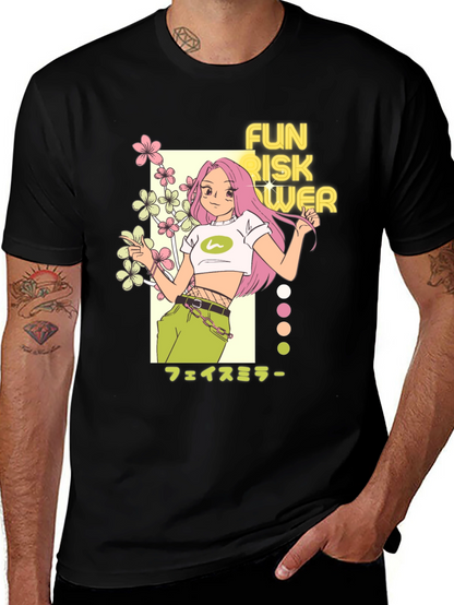 Camiseta Negra con Diseño Anime Fun Risk Flower
