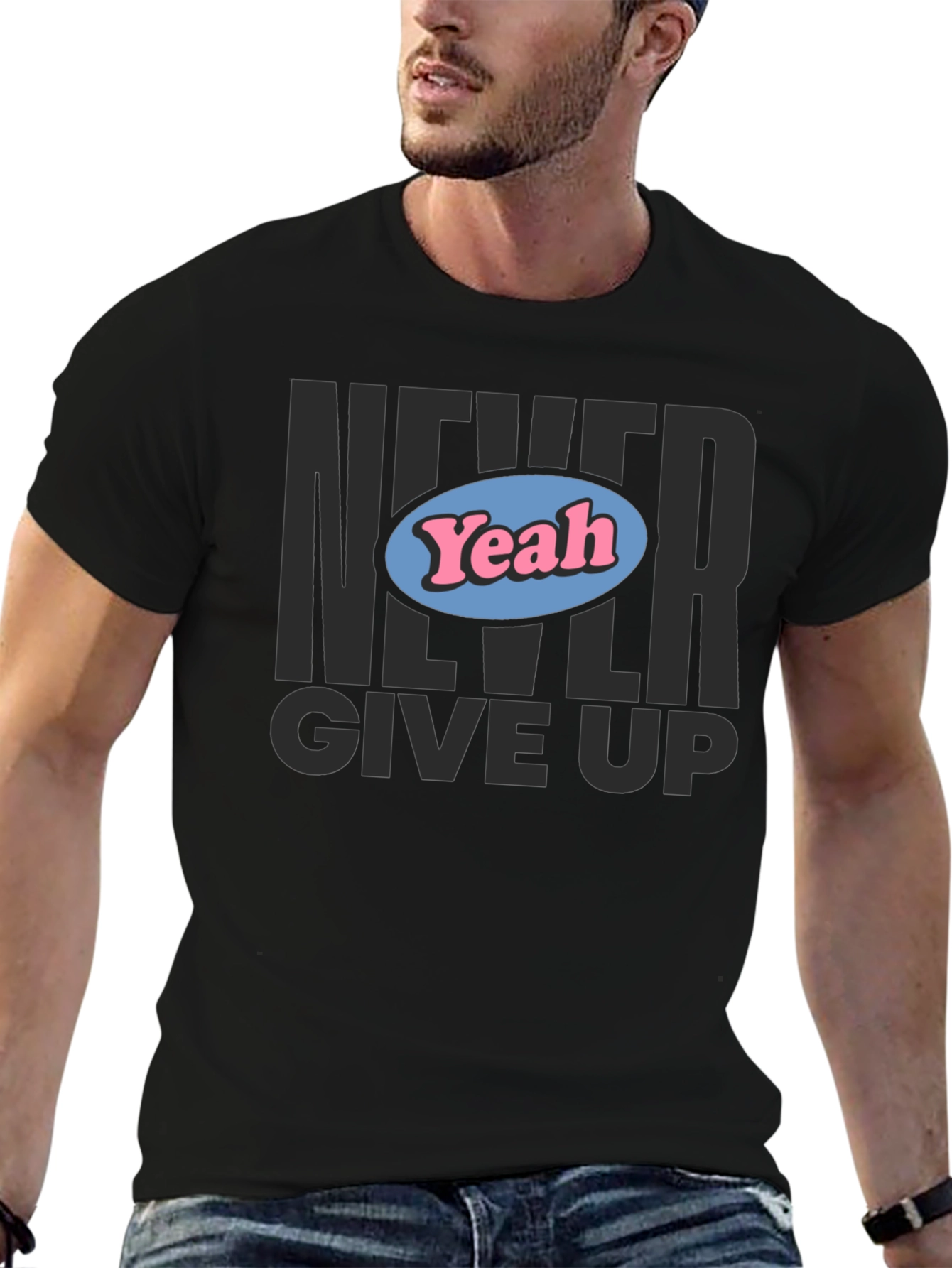 Camiseta Negra Never Give Up con Diseño Yeah