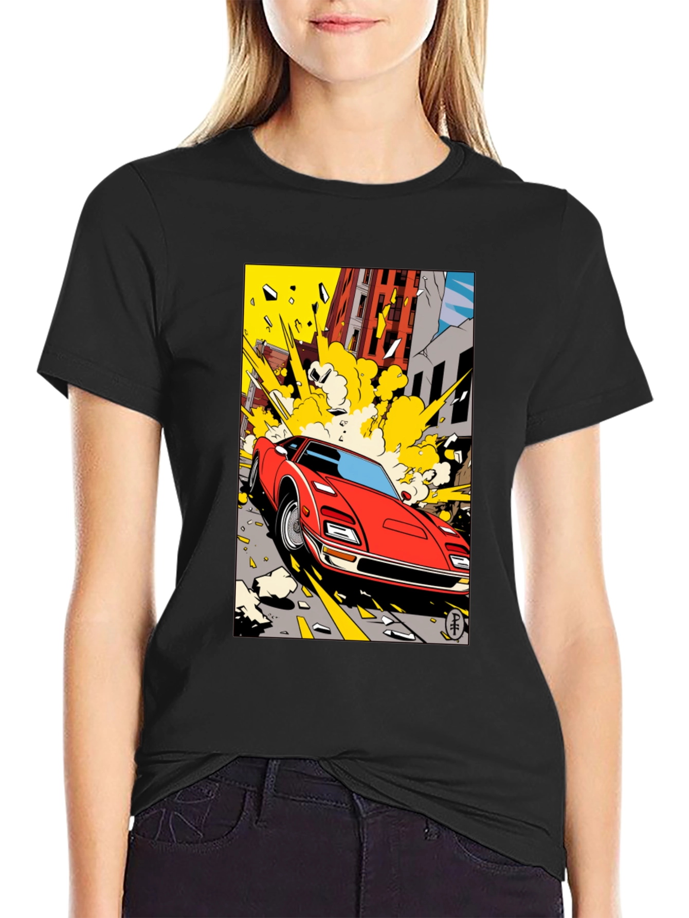 Camiseta Negra con Diseño de Coche Clásico Urbano