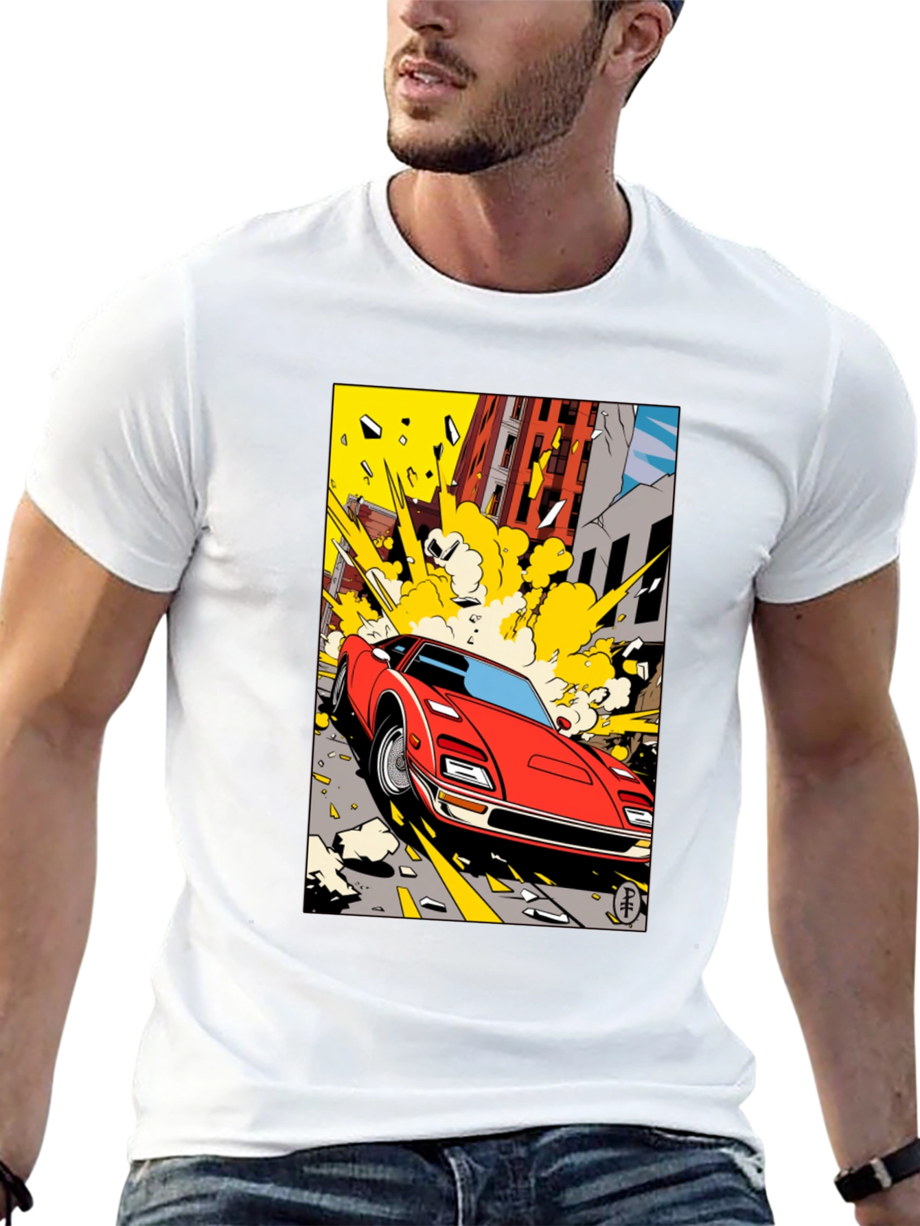 Camiseta Negra con Diseño de Coche Clásico Urbano