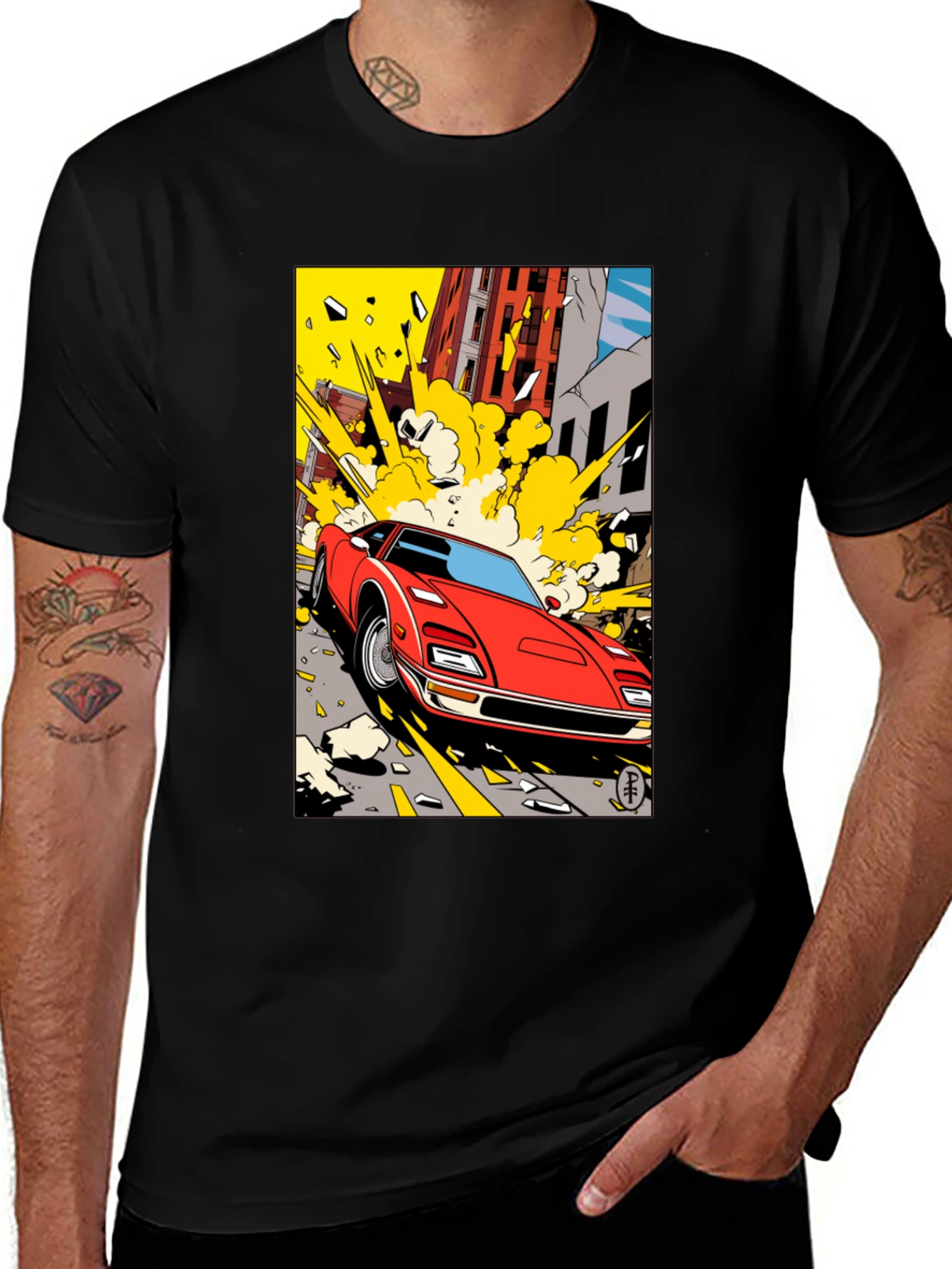 Camiseta Negra con Diseño de Coche Clásico Urbano