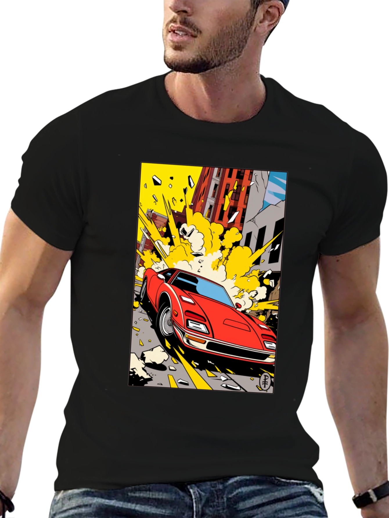 Camiseta Negra con Diseño de Coche Clásico Urbano