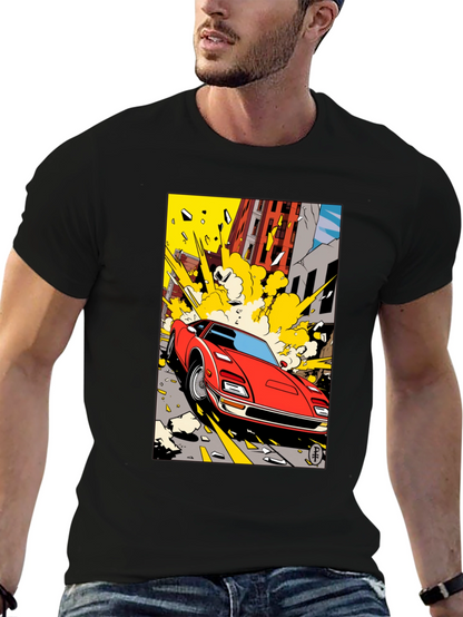 Camiseta Negra con Diseño de Coche Clásico Urbano