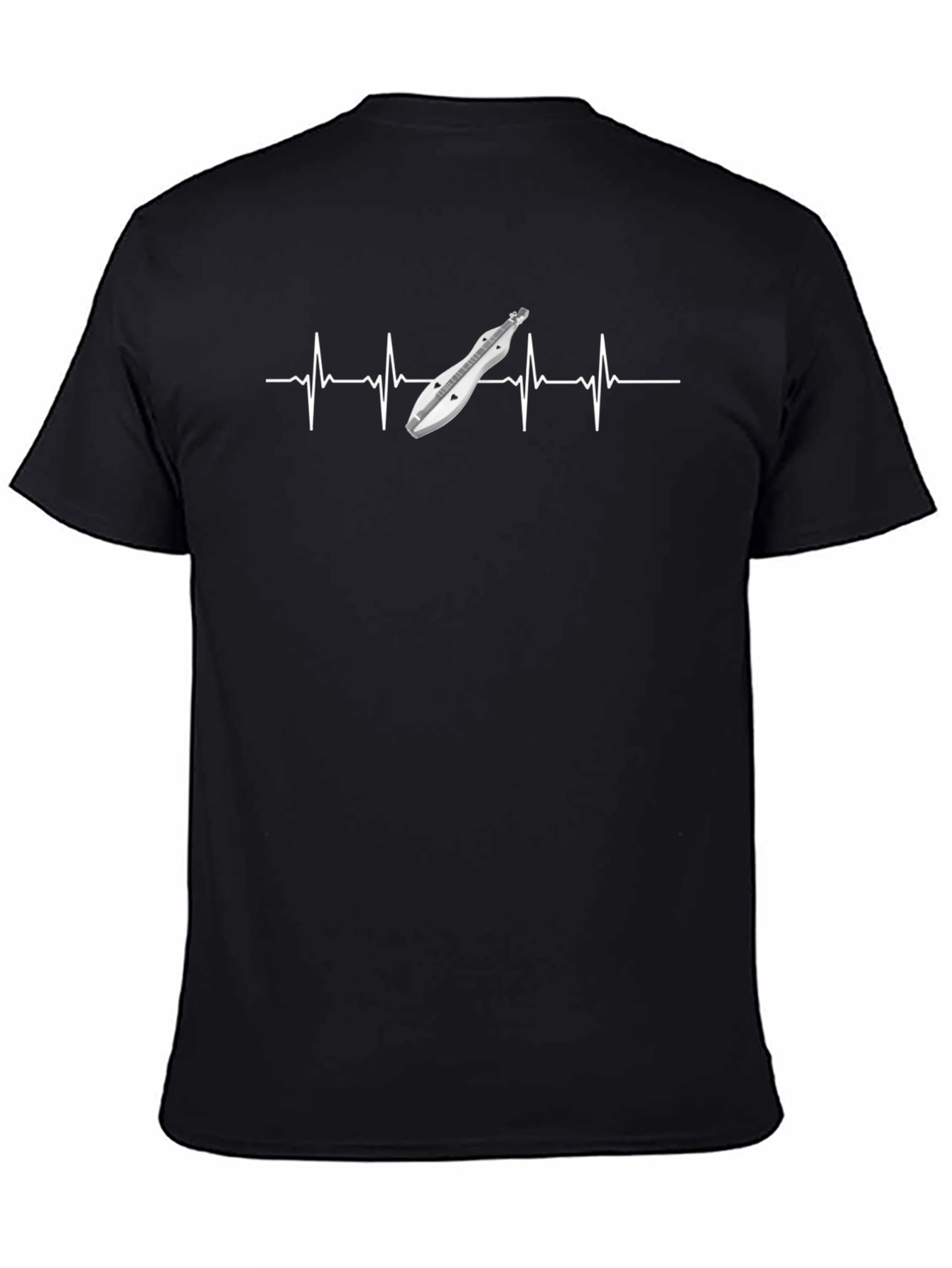 Camiseta Negra con Diseño de Dulcimer y Ritmo Cardíaco