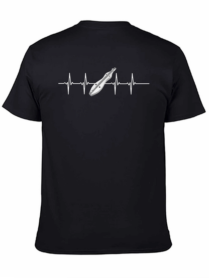 Camiseta Negra con Diseño de Dulcimer y Ritmo Cardíaco
