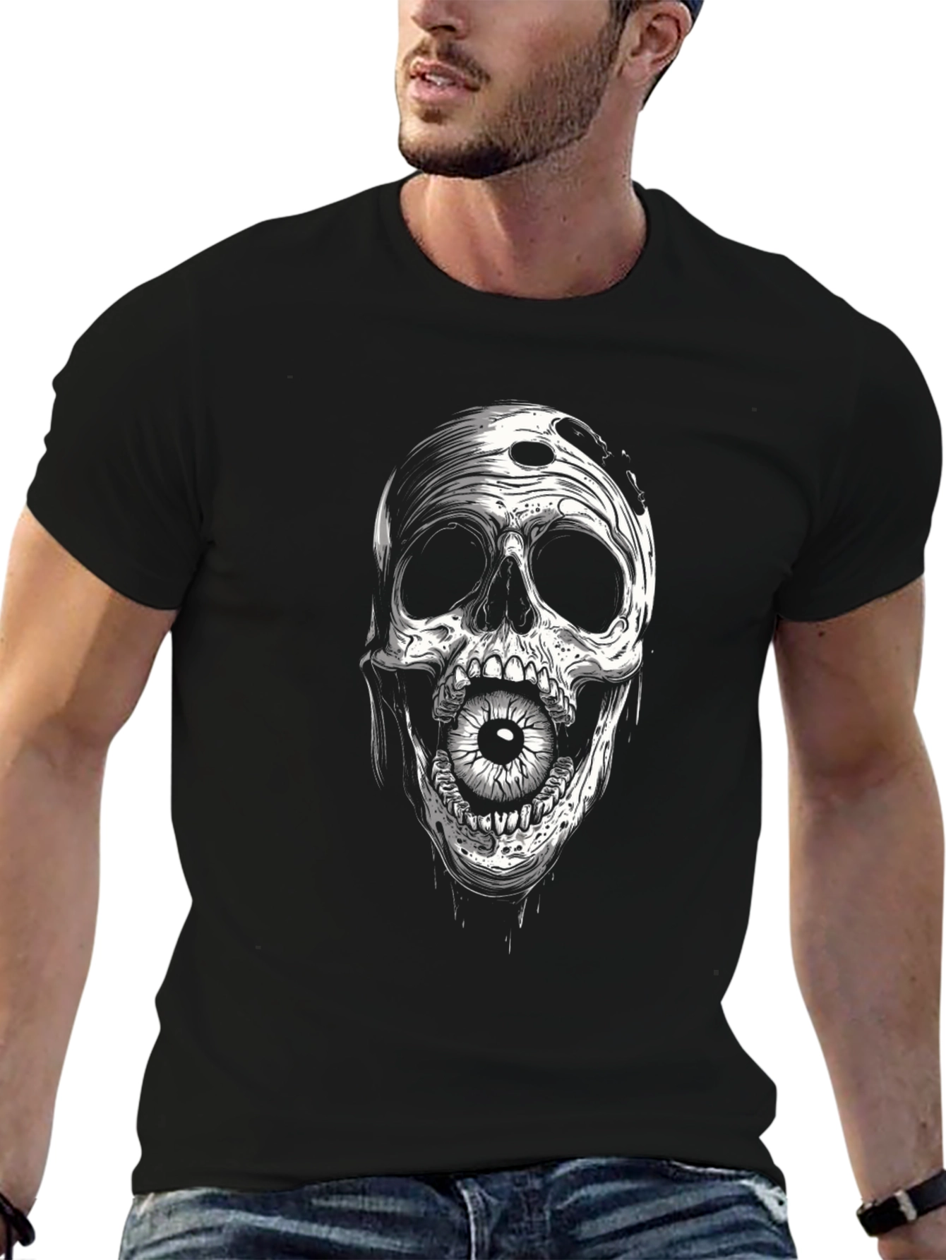 Camiseta Negra con Estampado de Calavera y Ojo