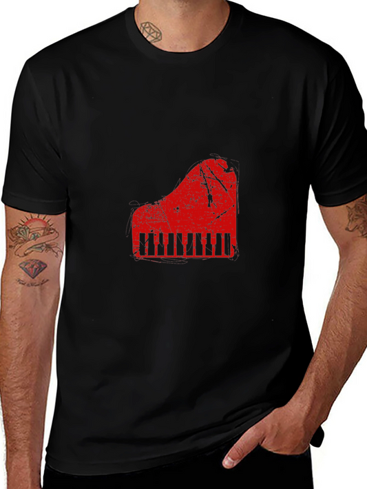 Camiseta Negra con Diseño de Piano Rojo Vintage