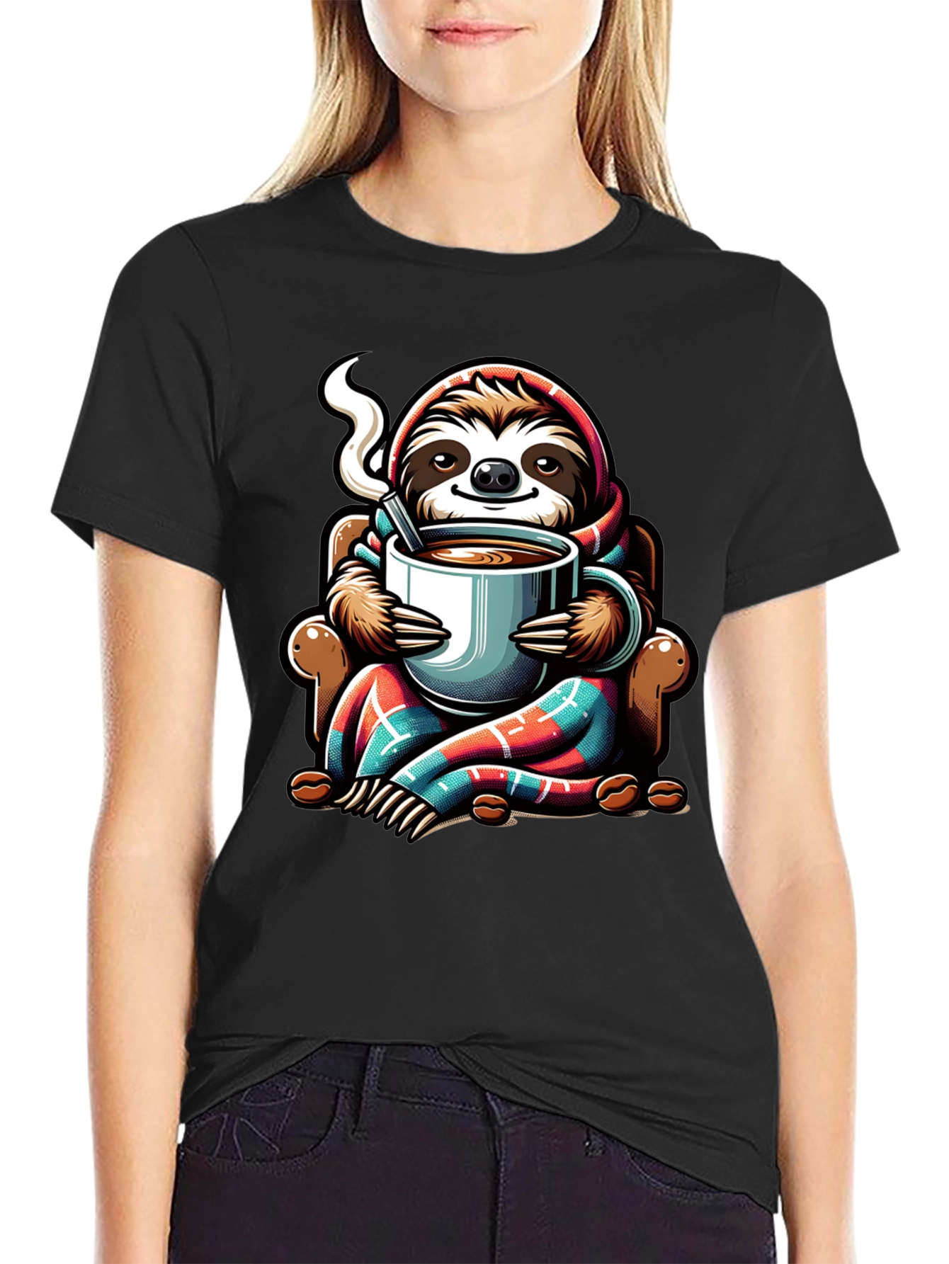 Camiseta con Diseño de Oso Perezoso y Café