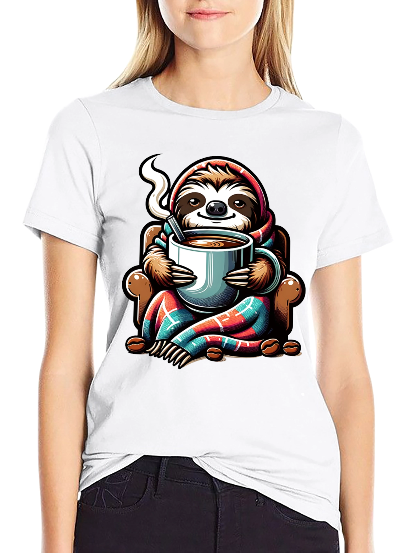 Camiseta con Diseño de Oso Perezoso y Café