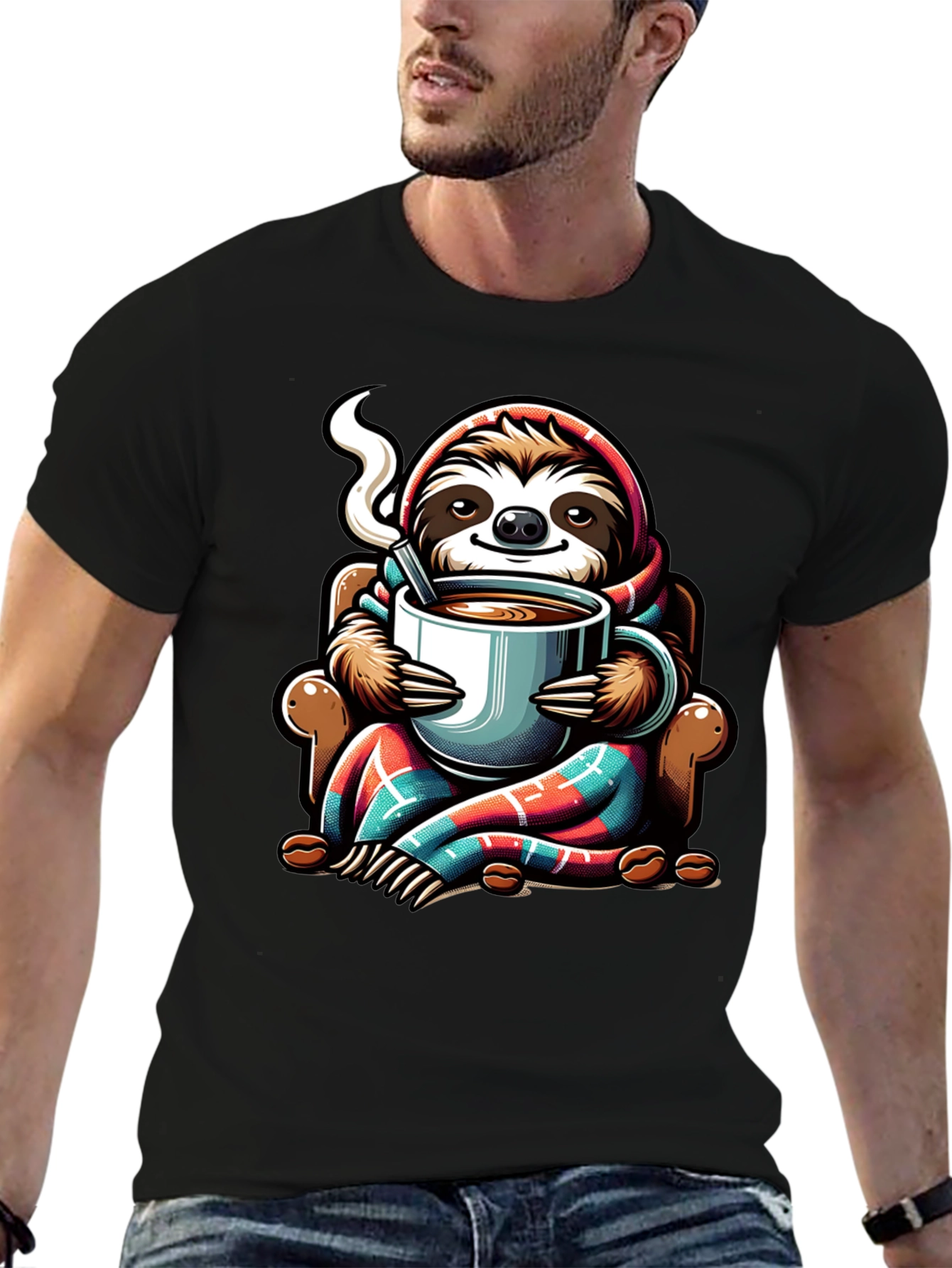 Camiseta con Diseño de Oso Perezoso y Café