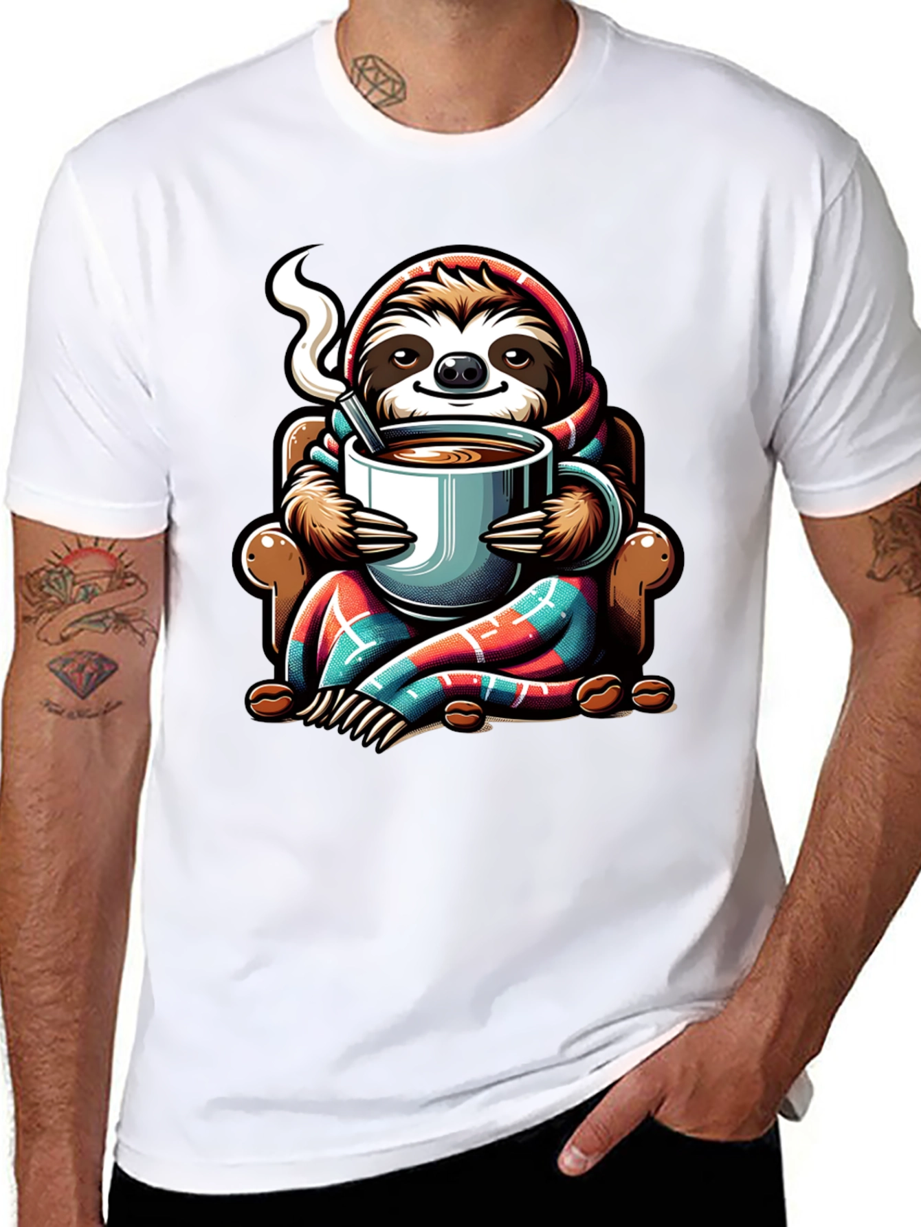 Camiseta con Diseño de Oso Perezoso y Café