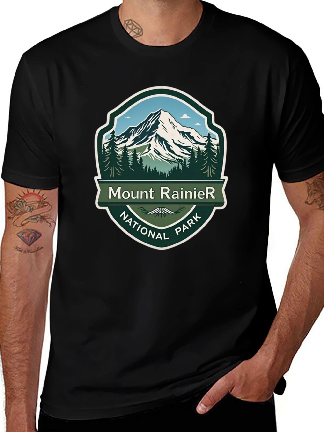 Camiseta Negra Mount Rainier National Park para Hombre