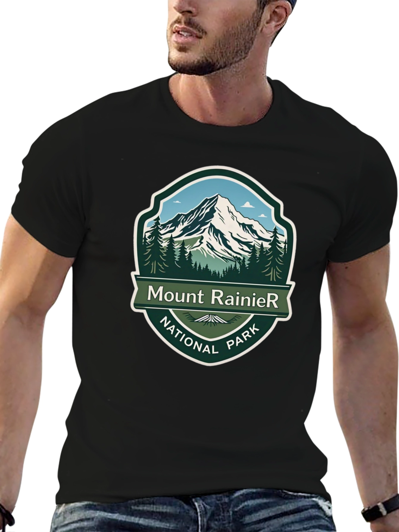 Camiseta Negra Mount Rainier National Park para Hombre