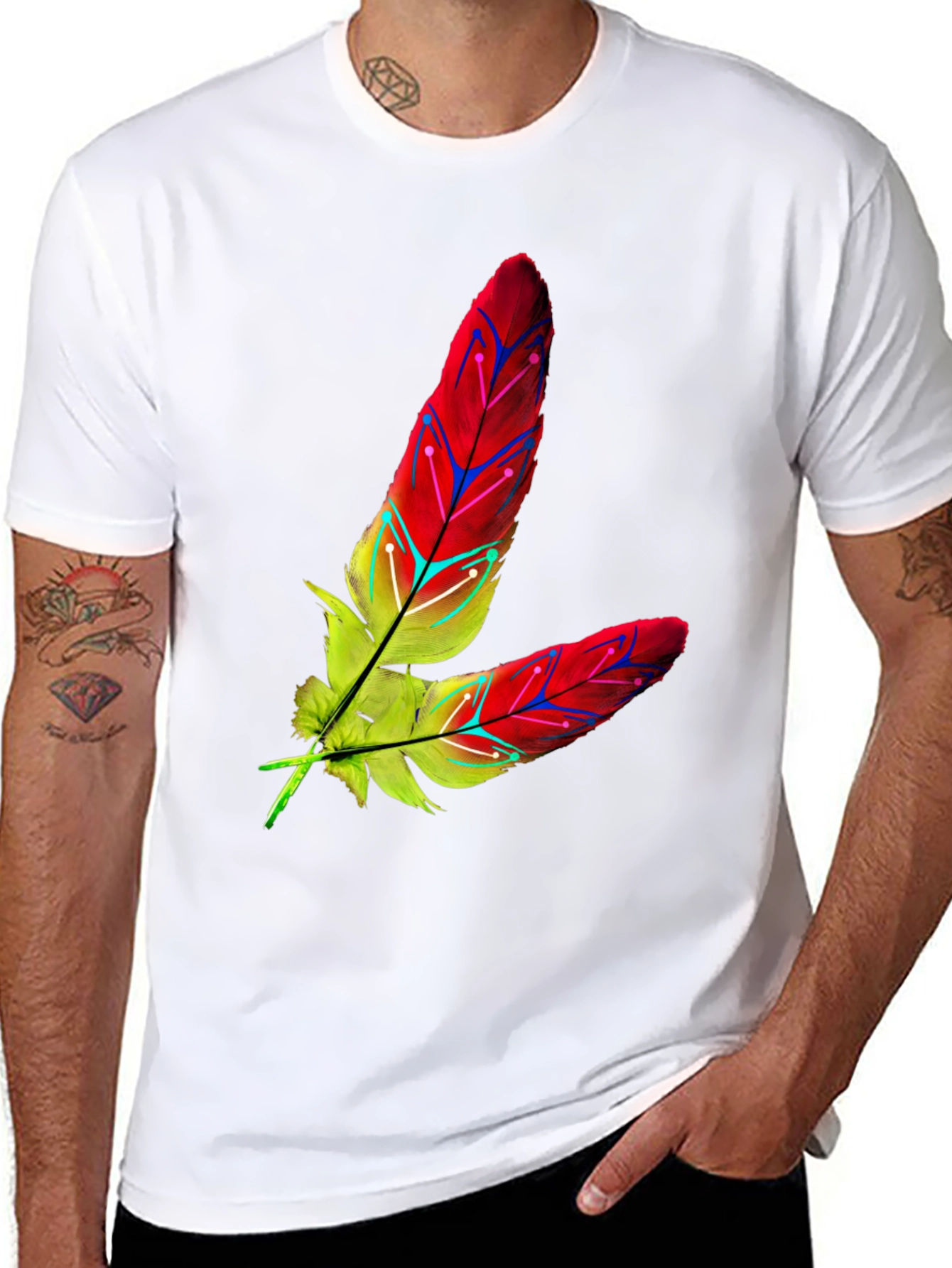 Camiseta Negra con Diseño de Plumas Abstractas