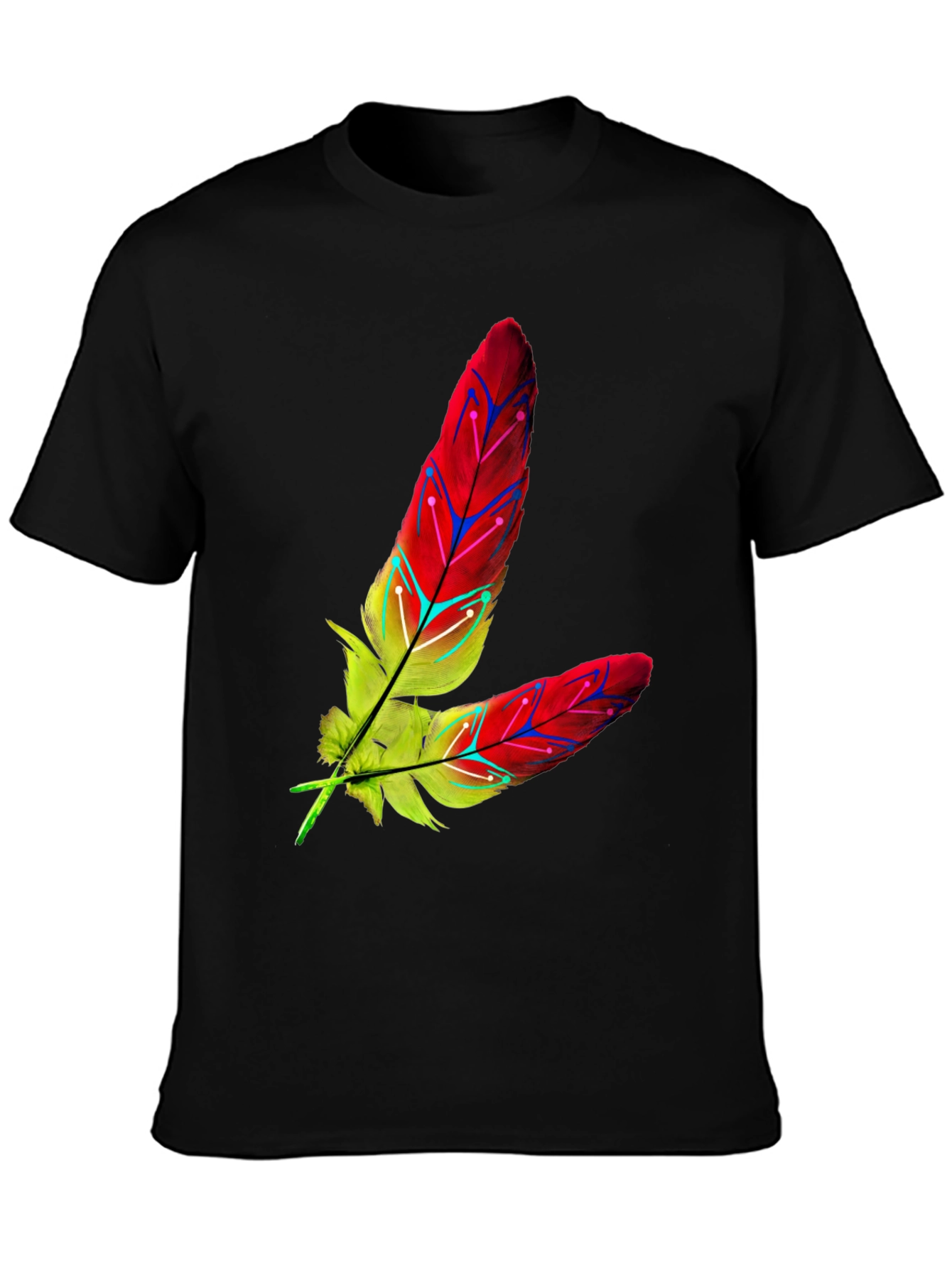 Camiseta Negra con Diseño de Plumas Abstractas