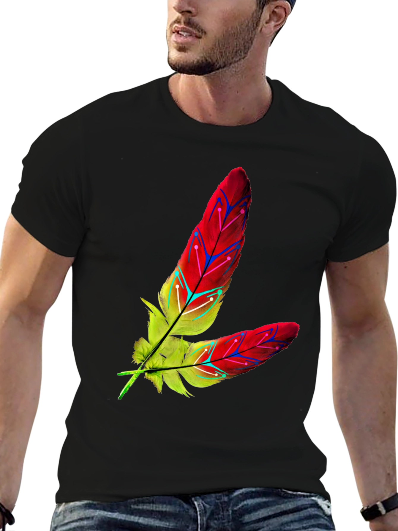 Camiseta Negra con Diseño de Plumas Abstractas