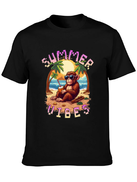 Camiseta Negra con Diseño de Mono en la Playa Summer Vibes