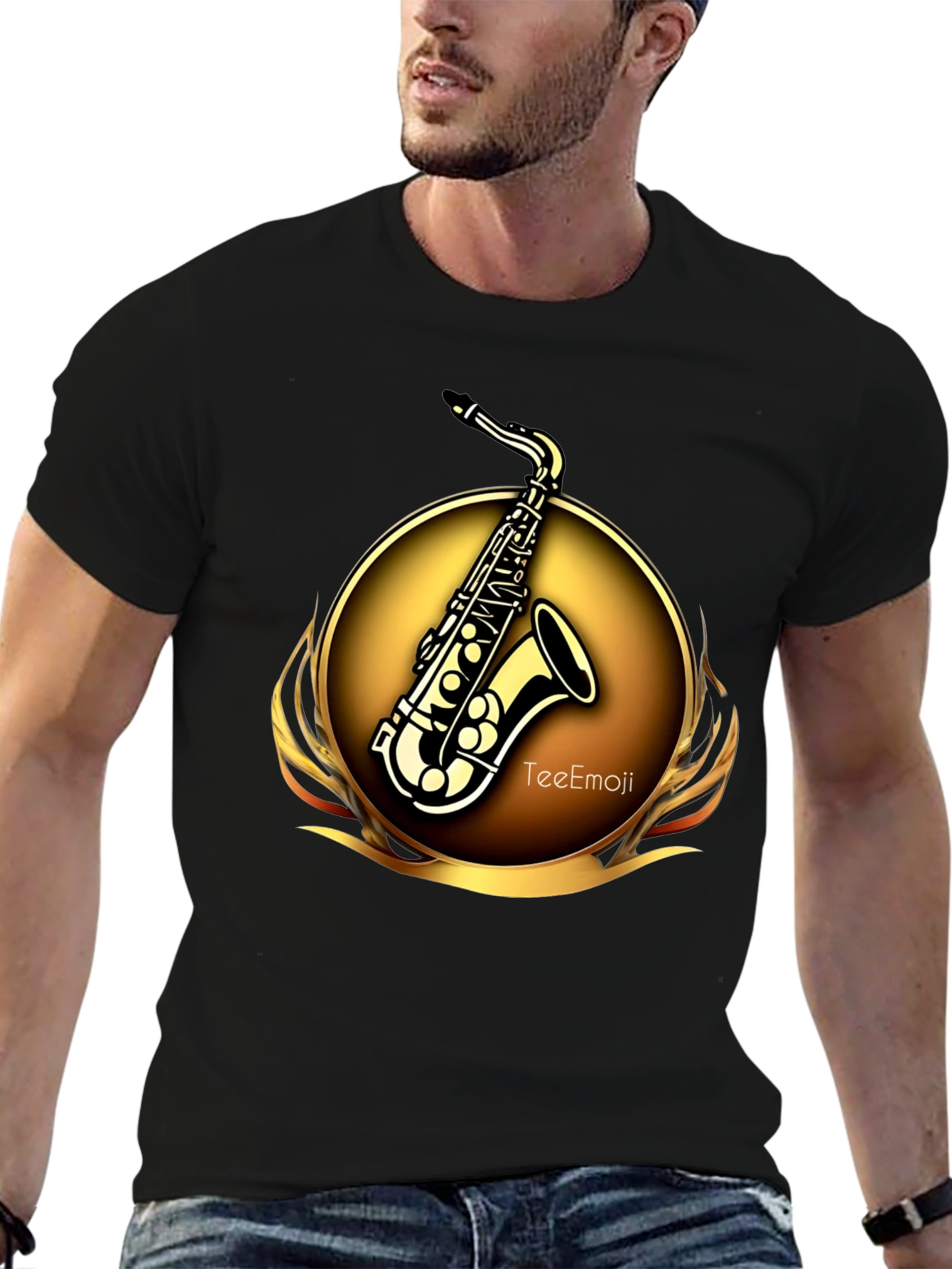 Camiseta Negra Saxofón Dorado Diseño Exclusivo