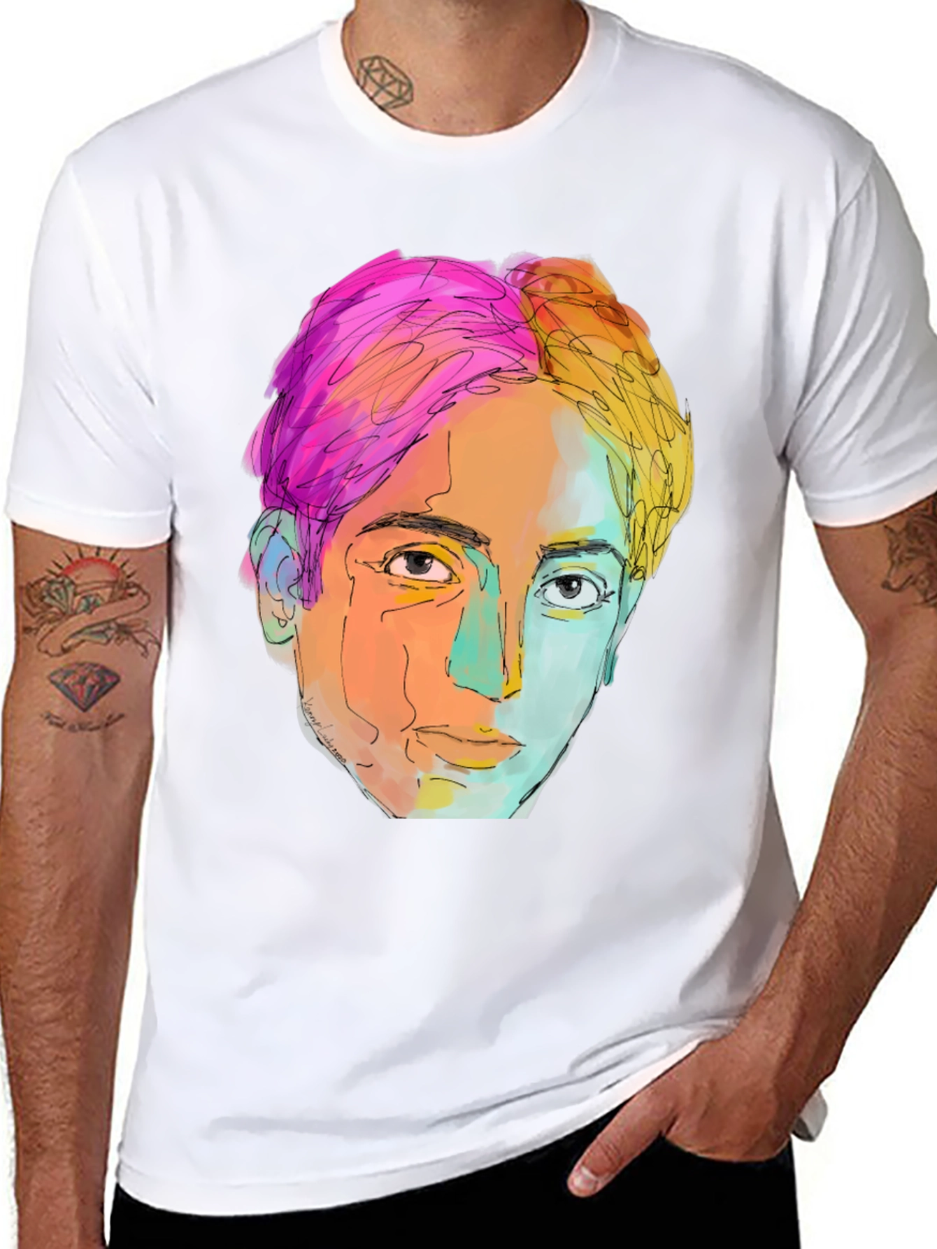 Camiseta Negra con Diseño Artístico de Rostro