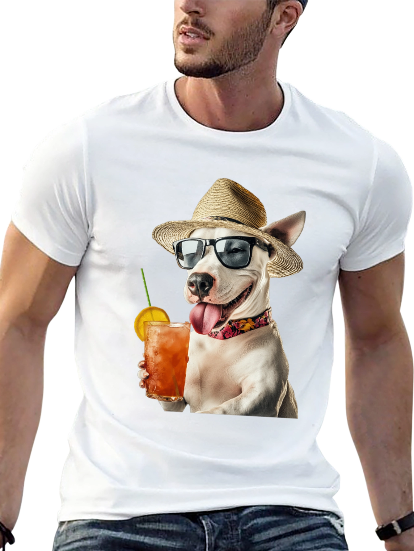 Camiseta Negra con Perro Bebiendo Cóctel