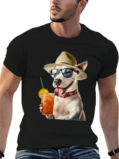 Camiseta Negra con Perro Bebiendo Cóctel