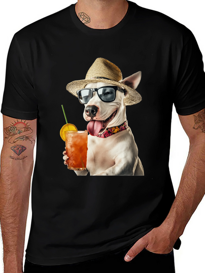 Camiseta Negra con Perro Bebiendo Cóctel