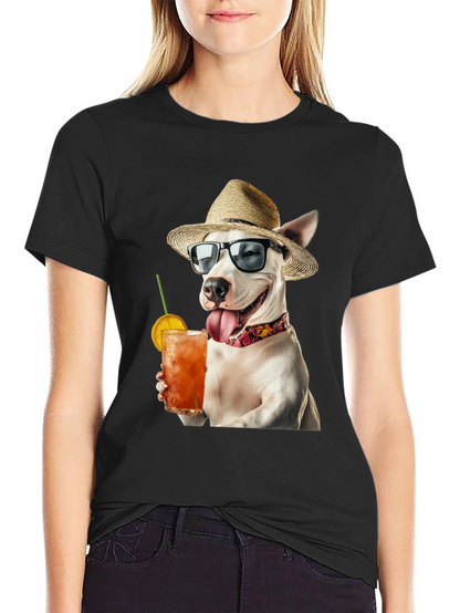 Camiseta Negra con Perro Bebiendo Cóctel